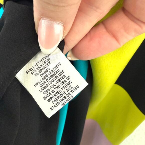 MILLY Silk Shift Dress Geo Print Leather Trim 3/4 Sleeve Multicolor Sz 2 - Picture 5 of 8